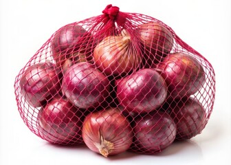 Fresh red onions with papery skin and vibrant color are neatly packed in a mesh bag, isolated on a clean white background, ready for cooking.