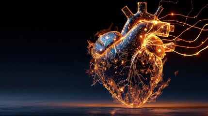 A realistic photo of a glowing heart made of gold-orange fire, the flames dancing and flickering with lifelike intensity, providing a striking and captivating image