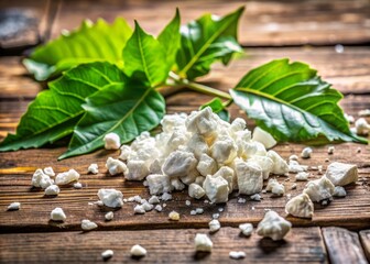 Natural, white, crumbling organic calcium material scattered on a rustic wooden table, surrounded by lush green leaves and earthy tones, evoking a sense of wholesomeness.
