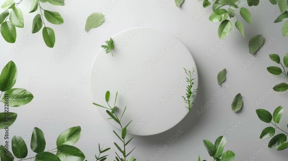 Aufkleber top view display of empty podium with green leaves and natural branches on light grey background for