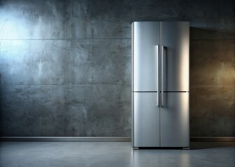 Modern sleek refrigerator with stainless steel door and crisp white handle stands out against a dark concrete wall background in a 3d rendered scene.
