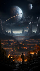 Obraz premium A lone figure stands on a path overlooking a fiery cityscape, bathed in the glow of two celestial bodies and a ring of light.