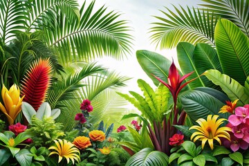 Fototapeta premium Vibrant tropical rainforest foliage with exotic flowers, ferns, and palm fronds sprawl across a clean white background, evoking serenity and lush natural beauty.
