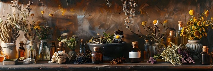 Detailed Herbal Apothecary Display with Natural Remedies Classical Renaissance Painting Style