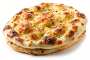 Vibrant, golden-brown naan bread, freshly baked and perfectly puffed, isolated on a transparent background, showcasing its soft, delicate texture and culinary appeal.