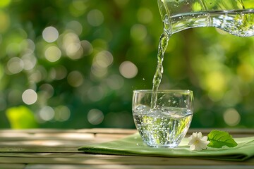 Jasmine water pouring into glass with jasmine flower on green background