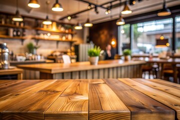 Empty wooden table in cafeteria bar or coffee shop for product display