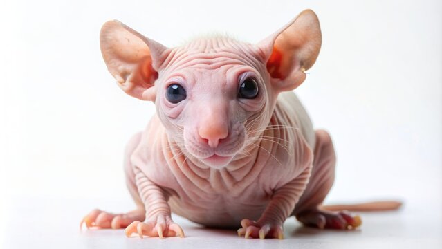 A curious, adorable hairless rat with a genetic mutation sits upright on a white background, its pink skin exposed, gazing directly at the camera with big eyes.