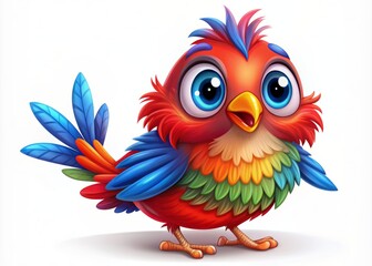 Obraz premium Colorful cartoon bird with vibrant red and blue feathers stands alone on a clean white background, looking cheerful and playful with its big round eyes.