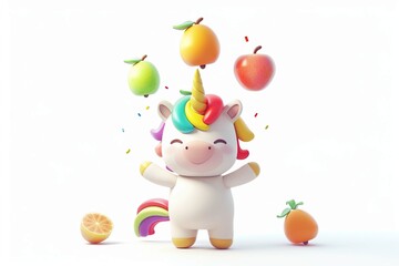 Naklejka premium Little Unicorn juggling fruits