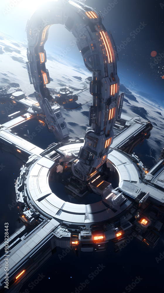 Poster a futuristic space station with a large circular platform and a towering, curved structure. the stat