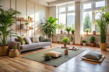 Fototapeta premium Serenely lit living room with a calm atmosphere, featuring a meditation space with a exercise mat, pillows, and plants, promoting relaxation and mental well-being.