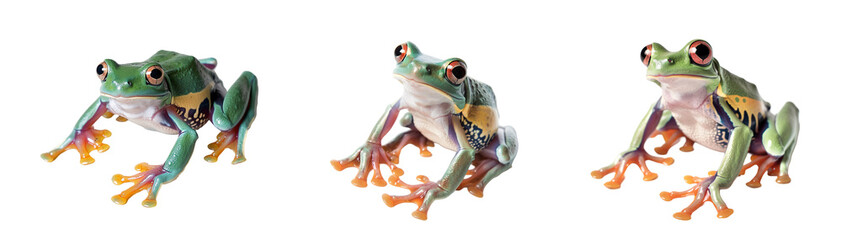 Fototapeta premium Three Vibrant Green Tree Frogs On Black Background
