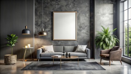 Modern living room interior with dark walls Concrete floor and poster frame mockup