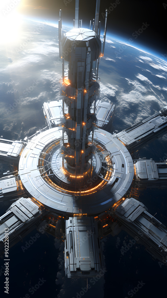 Poster a futuristic space station orbits a planet with a glowing tower in the center. the station is detail