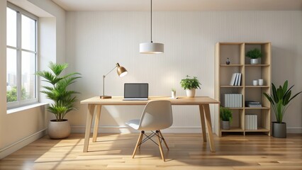 Office interior backdrop for online meetings. Light home office setting background. Minimalist online workspace aesthetics.  Video conferencing room design.