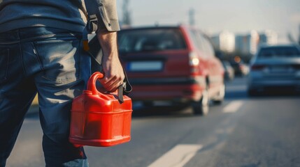Man Carrying a Red Gas Can on a Street