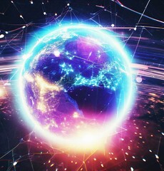 Obraz premium Night technology neon earth global virtual internet world connection of technology network