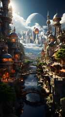 Fototapeta premium A fantasy city with tall towers and bridges over a flowing river. A giant moon and a smaller orange planet hang in the blue sky.