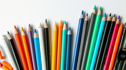 Fototapeta premium Crayons, Pens, and Drawing Tools Displayed on a White Background, Ideal for Back to School Stationery and Educational Materials