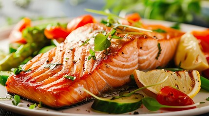 Delicious grilled salmon fillet served with fresh vegetables. A healthy and appetizing seafood dish perfect for any meal.