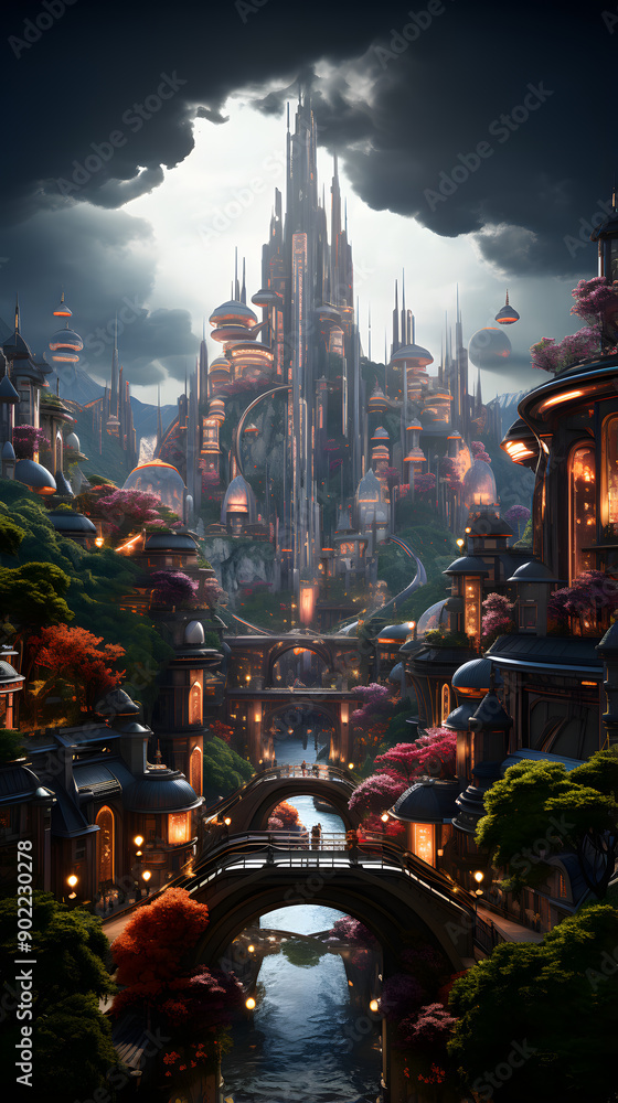 Poster a stunning, futuristic cityscape with a central, towering structure and bridges spanning a flowing r