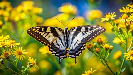 Obraz premium Delicate black and white zebra swallowtail butterfly hovers effortlessly above a bright yellow wildflower, its intricate wings beating slowly in the warm sunlight.
