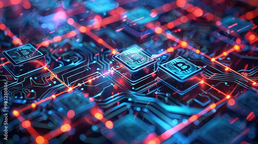 Poster magnificent an illustration of a decentralized network with multiple nodes connected blockchain