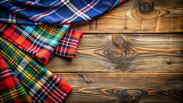 Vibrant traditional kilts and tartan scarves adorn a rustic wooden table, exuding Scotland's rich cultural heritage and national pride, ideal for St. Andrew's Day festivities.