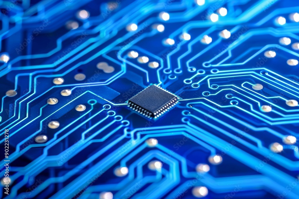 Poster blue circuit board with intricate design showcasing electronic components and connectivity