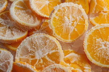 Close-up of frozen orange slices of crystalline beauty. Sliced ​​oranges with icy texture and citrus color of freshness and vitality.
