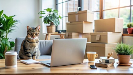 Cozy home workspace with laptop, notebooks, and a cat, surrounded by online shopping boxes and educational resources, conveying remote work and freelancing lifestyle.