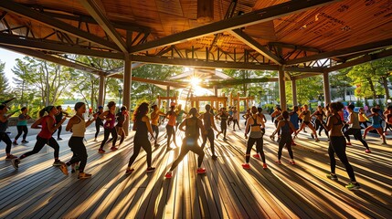 Group fitness class under a pavilion with sunlight streaming through. People in workout clothes exercising together in an outdoor setting.