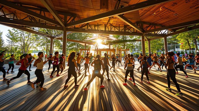 Group fitness class under a pavilion with sunlight streaming through. People in workout clothes exercising together in an outdoor setting.