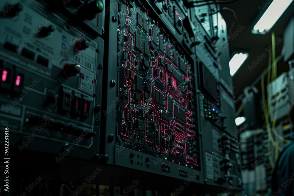 Poster high tech server room with complex circuitry and vibrant lights symbolizing data flow and connectivi