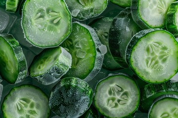 Close-up of frozen cucumber slices, fresh and vibrant green in color. Frozen cucumber slices are perfect for salads, sandwiches and drinks.