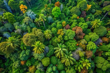 Vibrant aerial overhead view of lush tropical forest trees and dense foliage, with intricate details and natural textures, isolated on a transparent background.