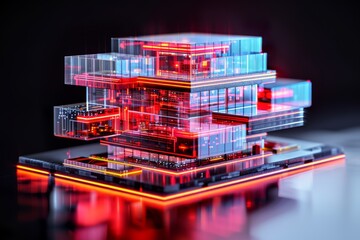 Stack of transparent electronic devices with red and blue lights representing futuristic technology