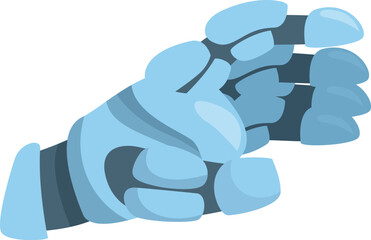Blue robot hand reaching out with fingers spread open in side view