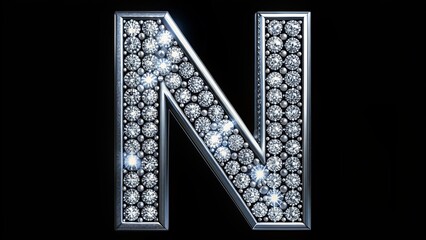 Dazzling diamonds intricately embellish a modern, uppercase N letter on a transparent background, exuding luxury and sophistication with perfect clarity and sharp definition.