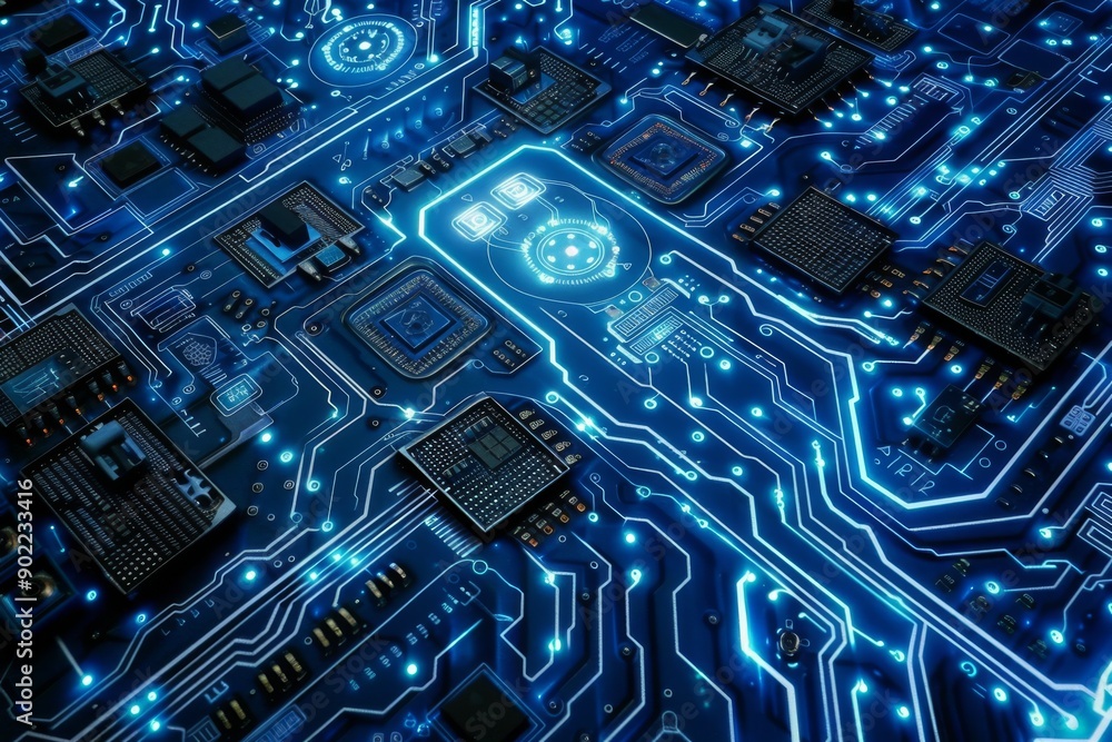 Poster blue and silver circuit board with intricate pathways symbolizing technological complexity
