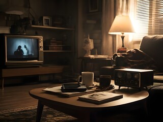 In a dimly lit living room, a close-up shot shows a cluttered coffee table with various objects. The flickering TV light casts eerie shadows around the room. Generative AI