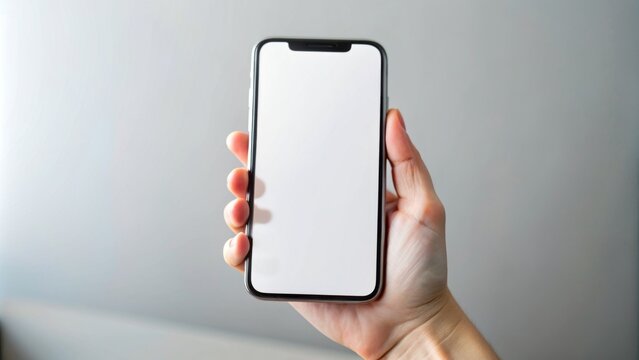 woman hands holding cell phone, mockup white blank display, empty screen, 16:9