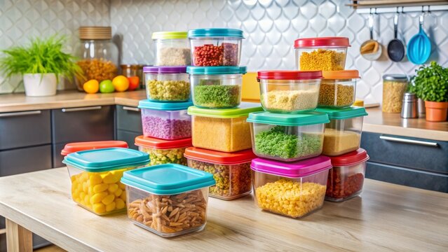 Colorful rubber containers with secure lids neatly store leftover food on a tidy kitchen counter, showcasing a simple and effective kitchen organization solution.
