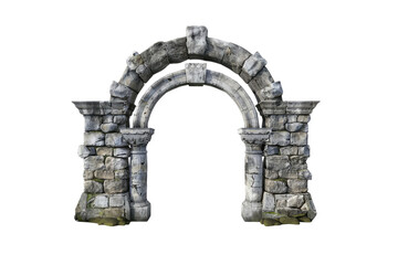 Ancient old, weathered stone archway entrance on a transparent, isolated background. Cut out or PNG.