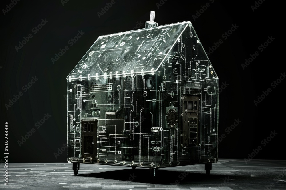 Poster transparent house model with intricate circuit design representing technological integration