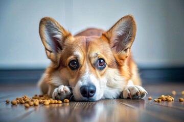 A sad corgi lies on the floor, surrounded by uneaten dry food, conveying a sense of loneliness and loss of appetite, evoking feelings of sympathy.