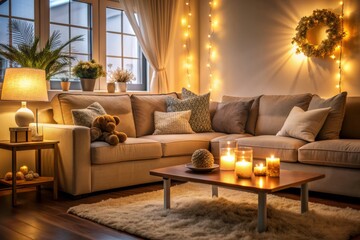 Fototapeta premium Cozy living room atmosphere with soft lighting, plush couch, and warm colors, conveying comfort, love, and reassurance in a tender family setting.