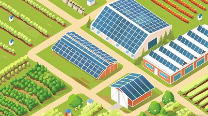 Solar-Powered Farm with Solar Panels on Buildings and Fields, Providing Clean Energy for Crops and Livestock Under a Clear Sunlit Sky