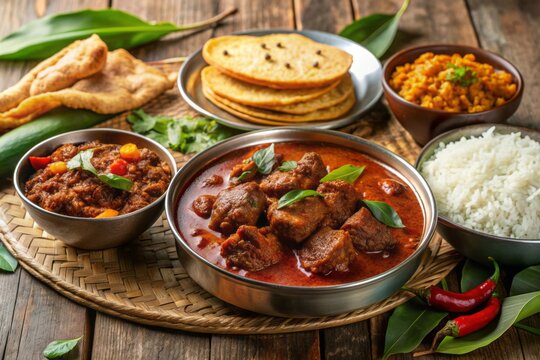 Savory South Indian Kerala-style spicy red beef fry curry served over a bed of brown rice, accompanied by side dishes of ghee rice, appam, parotta, and puttu.